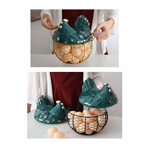 WSZJJ Ceramic Hen Egg Organizer Storage Basket Fruit Snacks Container Box Porcelain Metal Iron Orament Decorative Kitchen Tools (Color : Black)