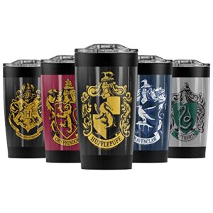 logovision harry potter hufflepuff crest stainless steel tumbler 20 oz coffee travel mug/cup, vacuum insulated & double wall with leakproof sliding lid | great for hot drinks and cold beverages