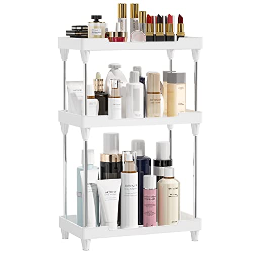 Bathroom Organizer Countertop, 3-Tier Vanity Tray Corner Shelf for Makeup Cosmetic Perfume Skincare Bathroom Supplies and More, Multi-Functional Acrylic Organizer in Vanity Dresser and More - White