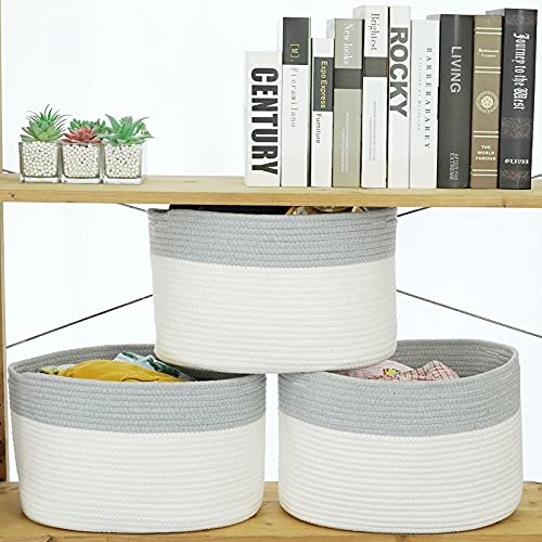 Casaphoria Cotton Rope Storage Baskets Bin Set of 3 Storage Cube Organizer Foldable Decorative Woven Basket for Clothes, Makeup, Books, Nursery,15"x 10"x 9" ,pack of 3, Cream and Gray