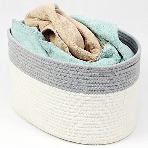 Casaphoria Cotton Rope Storage Baskets Bin Set of 3 Storage Cube Organizer Foldable Decorative Woven Basket for Clothes, Makeup, Books, Nursery,15"x 10"x 9" ,pack of 3, Cream and Gray