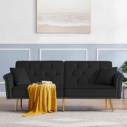 HUAYICUN Loveseat Convertible Sleeper Sofa, Modern Velvet Futon Sofa with 2 Pillows, Modern Armchair Accents Couch Metal Legs Lounge Chairs for Living Room