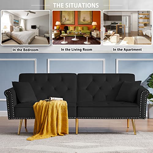 HUAYICUN Loveseat Convertible Sleeper Sofa, Modern Velvet Futon Sofa with 2 Pillows, Modern Armchair Accents Couch Metal Legs Lounge Chairs for Living Room