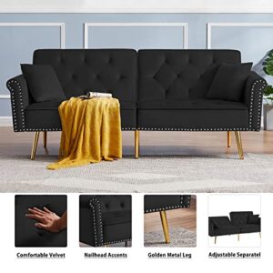 HUAYICUN Loveseat Convertible Sleeper Sofa, Modern Velvet Futon Sofa with 2 Pillows, Modern Armchair Accents Couch Metal Legs Lounge Chairs for Living Room