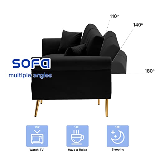 HUAYICUN Loveseat Convertible Sleeper Sofa, Modern Velvet Futon Sofa with 2 Pillows, Modern Armchair Accents Couch Metal Legs Lounge Chairs for Living Room