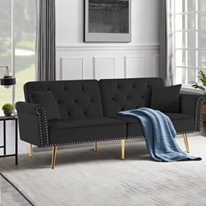 HUAYICUN Loveseat Convertible Sleeper Sofa, Modern Velvet Futon Sofa with 2 Pillows, Modern Armchair Accents Couch Metal Legs Lounge Chairs for Living Room