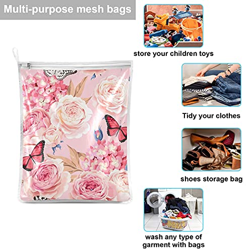 Xigua 2 Pack Rose Butterfly Mesh Laundry Bags Zipper Travel Washing Bag Storage Organizer for Clothes, Sock, Lingerie, Bra and Underwear