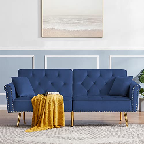 HUAYICUN Loveseat Convertible Sleeper Sofa, Modern Velvet Futon Sofa with 2 Pillows, Modern Armchair Accents Couch Metal Legs Lounge Chairs for Living Room