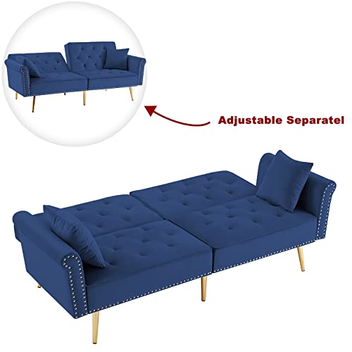 HUAYICUN Loveseat Convertible Sleeper Sofa, Modern Velvet Futon Sofa with 2 Pillows, Modern Armchair Accents Couch Metal Legs Lounge Chairs for Living Room