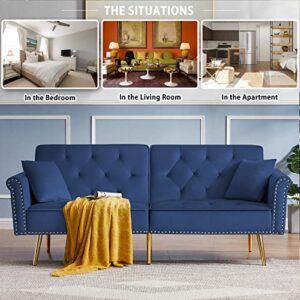 HUAYICUN Loveseat Convertible Sleeper Sofa, Modern Velvet Futon Sofa with 2 Pillows, Modern Armchair Accents Couch Metal Legs Lounge Chairs for Living Room