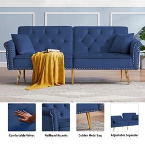 HUAYICUN Loveseat Convertible Sleeper Sofa, Modern Velvet Futon Sofa with 2 Pillows, Modern Armchair Accents Couch Metal Legs Lounge Chairs for Living Room