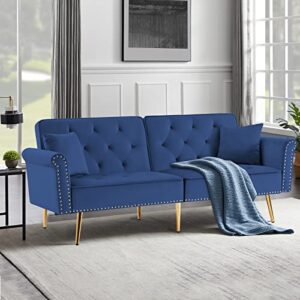 HUAYICUN Loveseat Convertible Sleeper Sofa, Modern Velvet Futon Sofa with 2 Pillows, Modern Armchair Accents Couch Metal Legs Lounge Chairs for Living Room