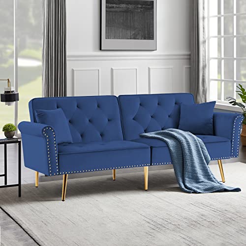 HUAYICUN Loveseat Convertible Sleeper Sofa, Modern Velvet Futon Sofa with 2 Pillows, Modern Armchair Accents Couch Metal Legs Lounge Chairs for Living Room