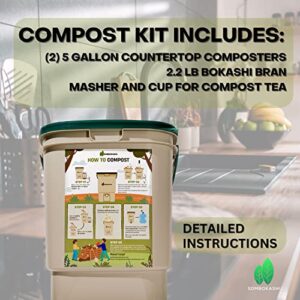 Bokashi Compost Starter Kit - Includes 2.2lb's Organic Bran, 2 Airtight Bins, Masher, Strainer, Cup for Compost Tea, and Detailed Composting Instructions. Attractive Kitchen Compost Bin.