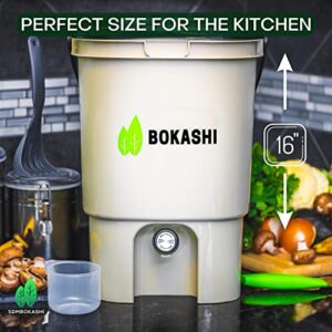 Bokashi Compost Starter Kit - Includes 2.2lb's Organic Bran, 2 Airtight Bins, Masher, Strainer, Cup for Compost Tea, and Detailed Composting Instructions. Attractive Kitchen Compost Bin.