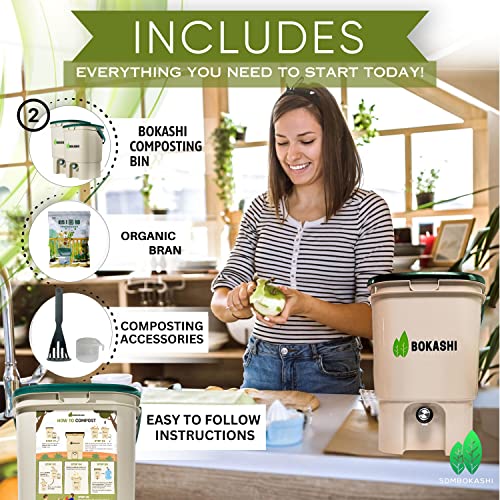 Bokashi Compost Starter Kit - Includes 2.2lb's Organic Bran, 2 Airtight Bins, Masher, Strainer, Cup for Compost Tea, and Detailed Composting Instructions. Attractive Kitchen Compost Bin.