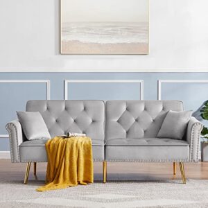 huayicun loveseat convertible sleeper sofa, modern velvet futon sofa with 2 pillows, modern armchair accents couch metal legs lounge chairs for living room