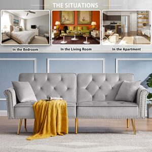 HUAYICUN Loveseat Convertible Sleeper Sofa, Modern Velvet Futon Sofa with 2 Pillows, Modern Armchair Accents Couch Metal Legs Lounge Chairs for Living Room