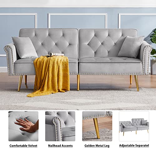 HUAYICUN Loveseat Convertible Sleeper Sofa, Modern Velvet Futon Sofa with 2 Pillows, Modern Armchair Accents Couch Metal Legs Lounge Chairs for Living Room