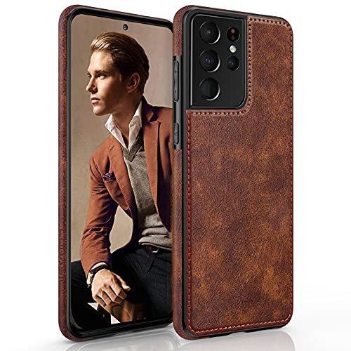 LOHASIC for Galaxy S21 Ultra Case, Premium Leather Luxury Business PU Non-Slip Grip Shockproof Bumper Full Body Protective Cover Phone Cases for Samsung Galaxy S21 Ultra 5G 6.8 inch - Brown