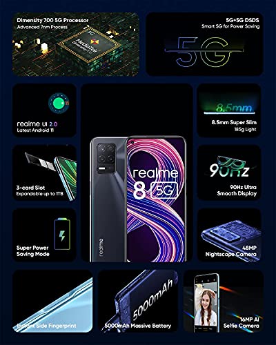 realme 8 5G Mobile Phone, Sim Free Unlocked Smartphone with Dimensity 700 5G Processor, 90Hz Ultra Smooth Display, 5000mAh Massive Battery, 48MP Nightscape Camera, Dual Sim, NFC, 4+64GB