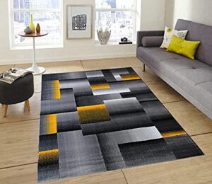 champion rugs modern contemporary geometric cube and square yellow grey black design area rug (8 feet x 10 feet)