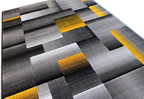 Champion Rugs Modern Contemporary Geometric Cube and Square Yellow Grey Black Design Area Rug (8 Feet X 10 Feet)