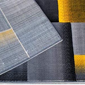 Champion Rugs Modern Contemporary Geometric Cube and Square Yellow Grey Black Design Area Rug (8 Feet X 10 Feet)