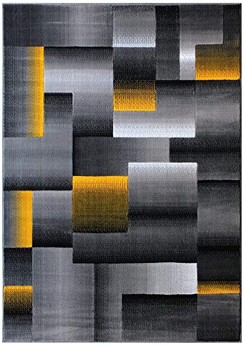 Champion Rugs Modern Contemporary Geometric Cube and Square Yellow Grey Black Design Area Rug (8 Feet X 10 Feet)