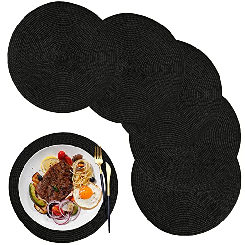 WANYD Placemats Round Placemats for Dining Table Set of 6, 12.6 Inch Small Circle Placemats Washable Heat Resistant Non Slip Round Table Mats Black