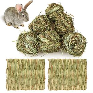 6pcs bunny chew ball toys,rabbit timothy grass grinding gnawing treats rolling ball & 2 pcs grass woven pet mats for bunny rabbits chinchilla hamster guinea pigs gerbils activity play toys (h01)