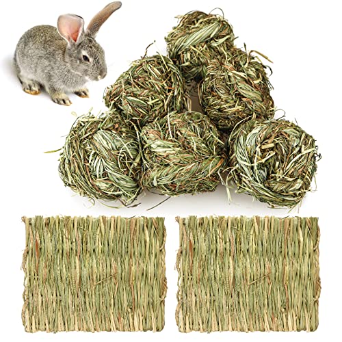 6PCS Bunny Chew Ball Toys,Rabbit Timothy Grass Grinding Gnawing Treats Rolling Ball & 2 Pcs Grass Woven Pet Mats for Bunny Rabbits Chinchilla Hamster Guinea Pigs Gerbils Activity Play Toys (H01)