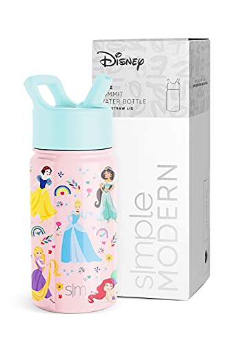 Simple Modern Disney Princesses Kids Water Bottle with Straw Lid | Reusable Insulated Stainless Steel Cup for School | Summit Collection | 14oz, Princess Rainbows