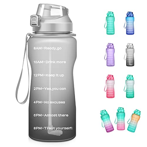 4AMinLA Motivational Water Bottle 64/100oz Half Gallon Jug with Straw and Time Marker Large Capacity Leakproof BPA Free Fitness Sports Water Bottle (white+gray, 100oz)