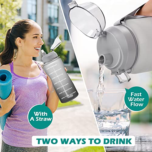 4AMinLA Motivational Water Bottle 64/100oz Half Gallon Jug with Straw and Time Marker Large Capacity Leakproof BPA Free Fitness Sports Water Bottle (white+gray, 100oz)