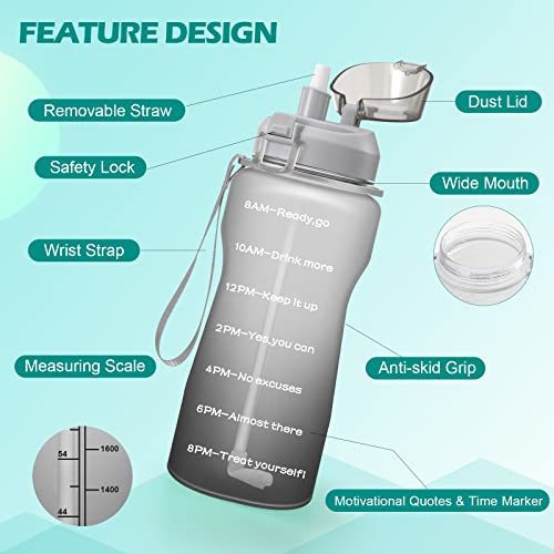 4AMinLA Motivational Water Bottle 64/100oz Half Gallon Jug with Straw and Time Marker Large Capacity Leakproof BPA Free Fitness Sports Water Bottle (white+gray, 100oz)