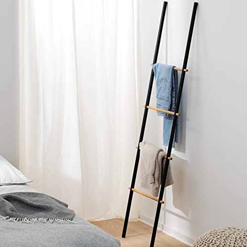 Navaris Towel Ladder Rack - Wood and Metal Blanket Holder for Bathroom, Living Room, Bedroom - Leaning Decor Wall Stand for Towels, Blankets, Quilts