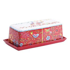 bico red spring bird ceramic butter dish with lid, butter keeper for counter, kitchen, dishwasher safe