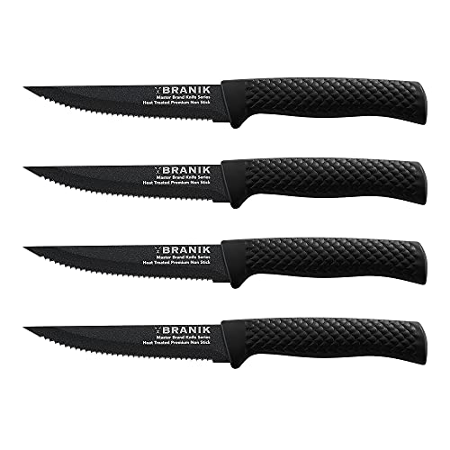 BRANIK Black Steak Knives set of 4, Special Non-Stick Coating on each of these Steak knives making them dishwasher safe. This Black Steak Knife Set is razor-sharp, lightweight, and user-friendly.