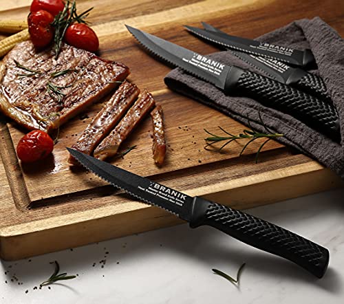 BRANIK Black Steak Knives set of 4, Special Non-Stick Coating on each of these Steak knives making them dishwasher safe. This Black Steak Knife Set is razor-sharp, lightweight, and user-friendly.