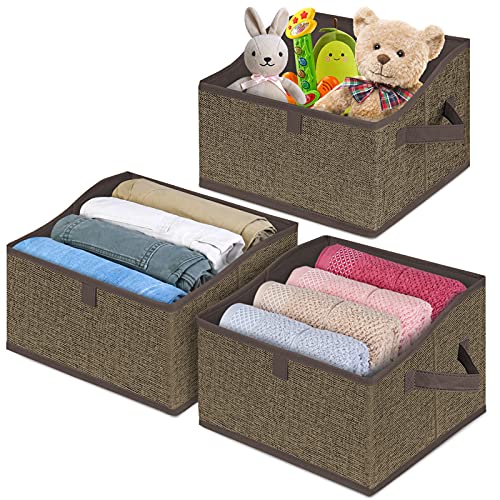 BALEINE 3 Pack Closet Storage Bins for Shelves, Trapezoid Clothing Organizer with Handles, Foldable Linen Fabric Box Containers for Home Bedroom Office, Brown Small