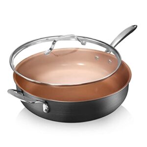 gotham steel nonstick sauté – 5.5 quart. multipurpose ceramic jumbo cooker fry pan with glass lid, stay cool + helper handle, oven, stovetop & dishwasher safe, 100% pfoa free