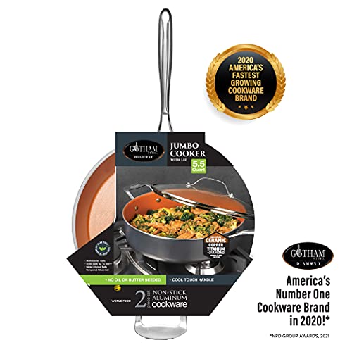 Gotham Steel Nonstick Sauté – 5.5 Quart. Multipurpose Ceramic Jumbo Cooker Fry Pan with Glass Lid, Stay Cool + Helper Handle, Oven, Stovetop & Dishwasher Safe, 100% PFOA Free