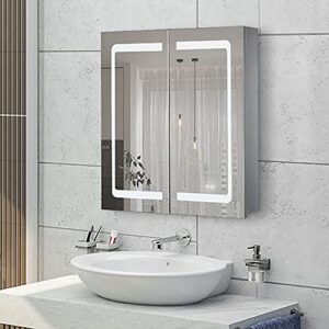 Janboe 24 Inch X 28 Inch Illuminated Led Mirror Cabinet for Bathroom Stainless Steel Wall Mounted Medicine Cabinet with Double Touch Switches for Clor Change, Dimmer and Anti-Fog Function