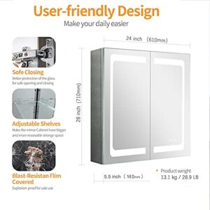 Janboe 24 Inch X 28 Inch Illuminated Led Mirror Cabinet for Bathroom Stainless Steel Wall Mounted Medicine Cabinet with Double Touch Switches for Clor Change, Dimmer and Anti-Fog Function