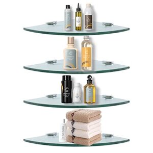 corner glass shower caddy 4 pack 8mm-thick tempered glass shelf no drilling wall mount corner mounted shelves space saver adhesive bathroom home shelf shampoo holder organizer strong adhesion