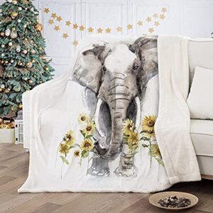 elephant sunflower sherpa fleece throw blanket, elephant gifts for women adults, super soft elephant blankets for women birthday, warm cozy plush bed throws blanket for couch sofa 60"x80"
