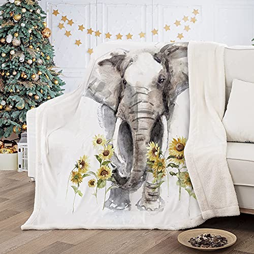 Elephant Sunflower Sherpa Fleece Throw Blanket, Elephant Gifts for Women Adults, Super Soft Elephant Blankets for Women Birthday, Warm Cozy Plush Bed Throws Blanket for Couch Sofa 60"x80"
