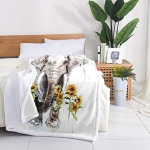 Elephant Sunflower Sherpa Fleece Throw Blanket, Elephant Gifts for Women Adults, Super Soft Elephant Blankets for Women Birthday, Warm Cozy Plush Bed Throws Blanket for Couch Sofa 60"x80"