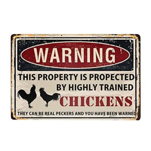 chicken sign funny warning property protected by chickens tin sign 11.8x7.9 inches chicken coop decor sign for home farmhouse garden wall decoration idea gifts for friends